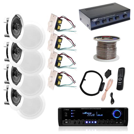 In-Ceiling Stereo White Speakers w/ 300W Digital Home Stereo Receiver w/ USB/SD/AUX Input Pyle KTHSP590S 4 Pairs of 150W 5.25 In-Wall Remote & 4 Channel High Power Stereo Speaker Selector